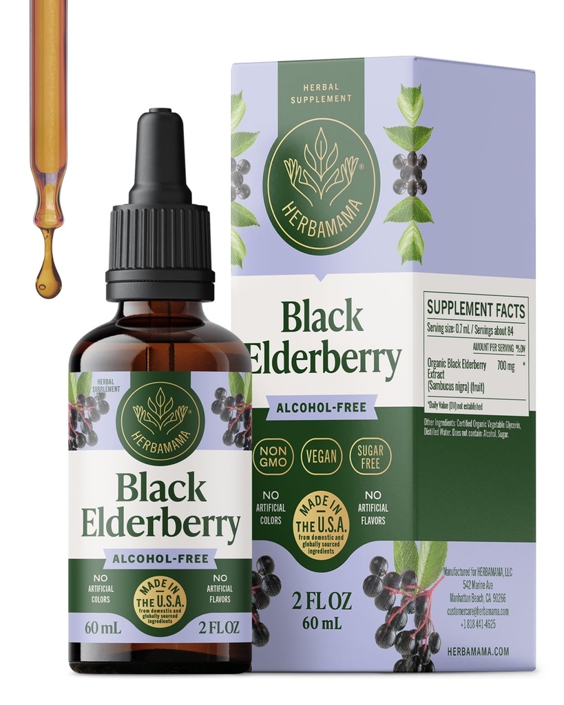 HERBAMAMA Black Elderberry Drops - Vegan Elderberry Liquid Extract for Immune Support - Μη ΓΤΟ, Αλκοόλ & Ζάχαρη Δωρεάν Συμπλήρωμα Ασυλίας, 21-Day Supply