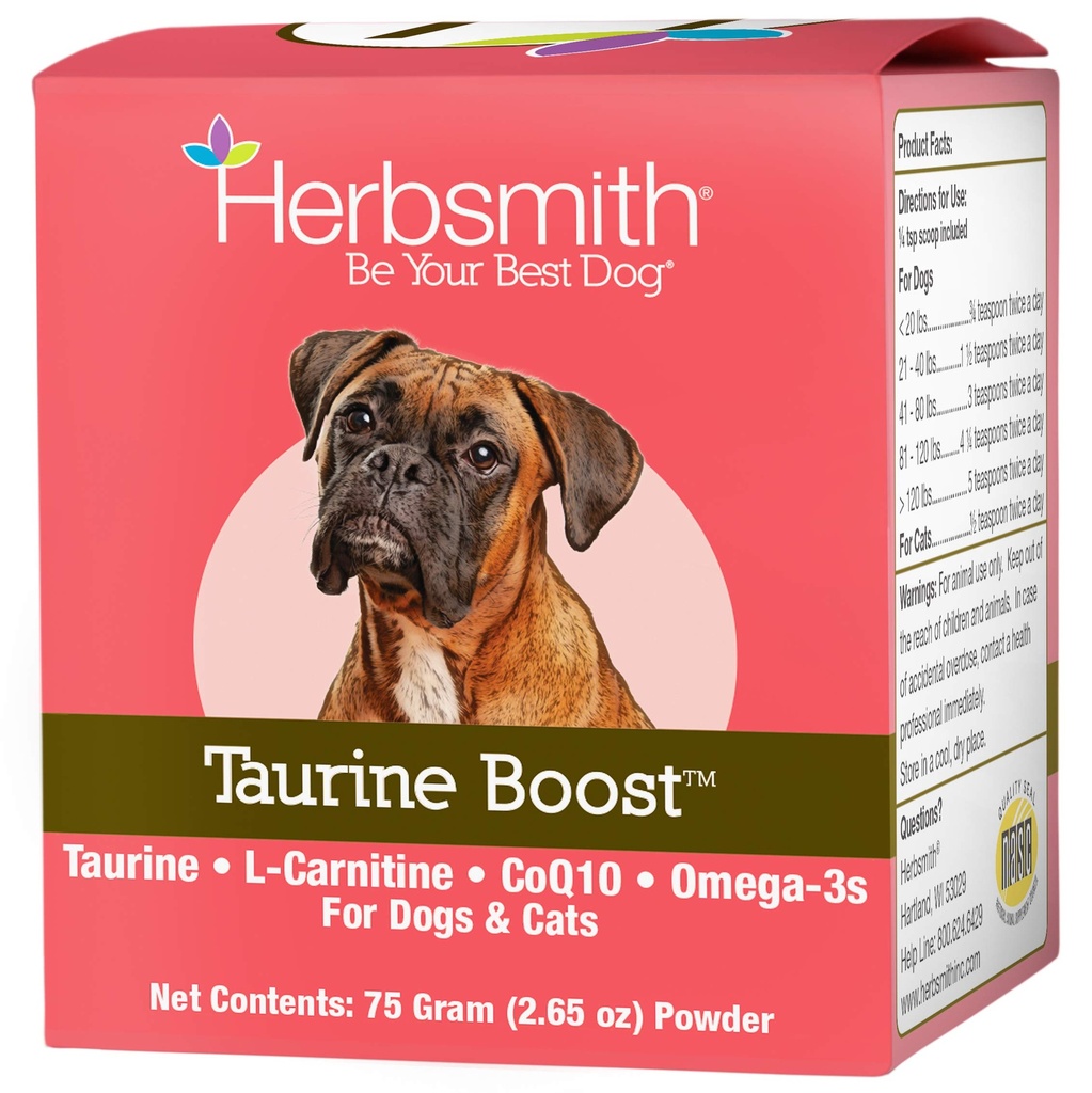 Herbsmith Taurine Boost - καρδιακή και καρδιακή υποστήριξη για σκύλους και γάτες - συμπλήρωμα ταυρίνης για το σκύλο και την καρδιά γάτας υγεία – με CoQ10, ταυρίνη και L-καρνιτίνη για σκύλους - 75g