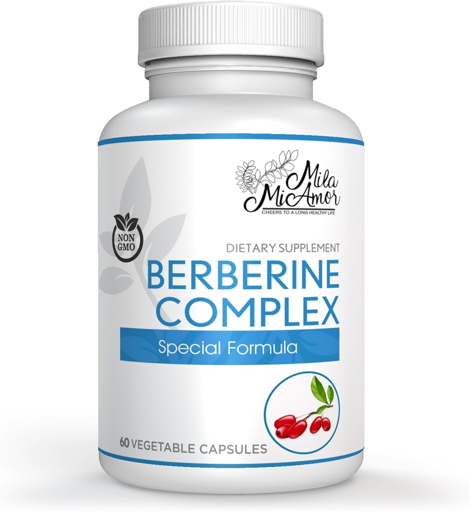 Milamiamor Berberine Complex HCL 500mg - Ειδικό συμπλήρωμα βερβερίνης με πεπόνι Fruit & Banaba Leaf - Μη ΓΤΟ, Κατασκευασμένο στις ΗΠΑ - Καρδιά, Γνωστική & Γαστρεντερική Υγεία - 60 Κάψουλες