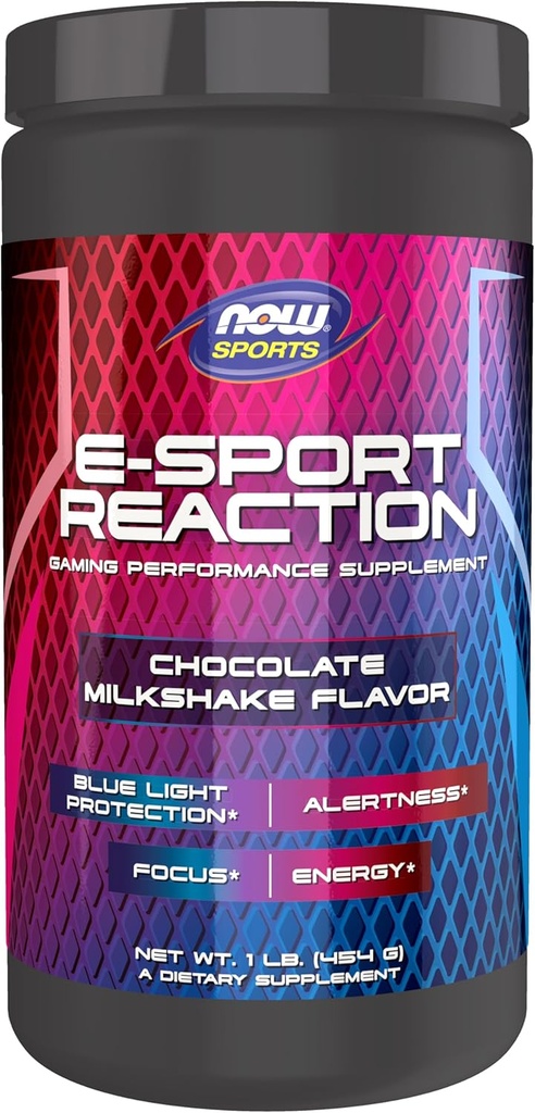NOW Sports Esport Reaction, Gaming Performance Supplement, 30 Services, Chocolate Milkshake, Crash Free Energy for Alertness and Focus, Blue Light Protection* with Lutein