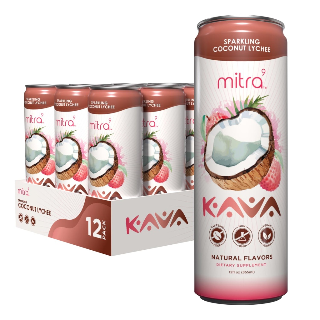 MITRA-9 Botanical Beverages - Coconut Lychee Sparkling Kava Drink With Kava Root Extract - Mood Enhancer - Plant Based - Promotes Natural Calm & Clarity (12 Fl. Oz) (12)