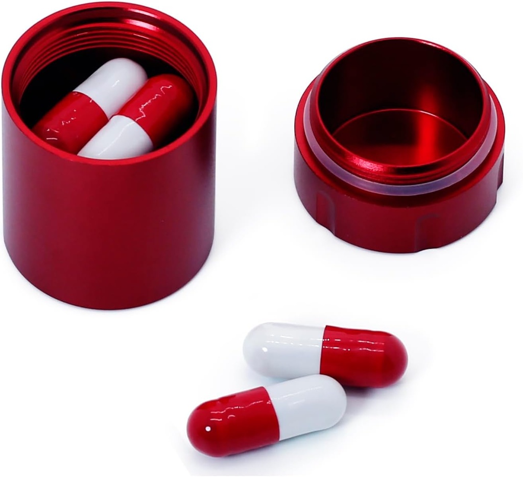 Portable Metal Small Pill Case, Aluminium Alloy Round Pill Box for Travel, Waterproof Pill Box Organizer, Pocket Daliy Pill Holder Pill Container for Medicine Vitamin Fish Oils (Red)
