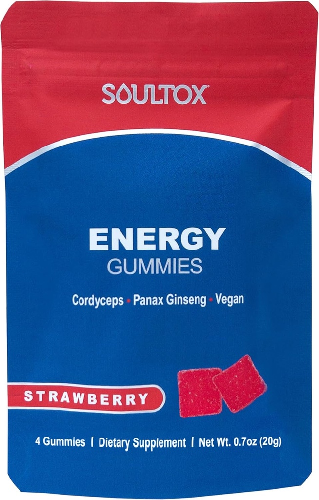 Soultox Energy Mushroom Gummies Φράουλα - Vegan Formula με Ginseng, Cordyceps, καφεΐνη, βιταμίνη B12 - ενισχύει την ενέργεια και τη γνωστική λειτουργία - φυσικά συστατικά - 10 Πακέτο