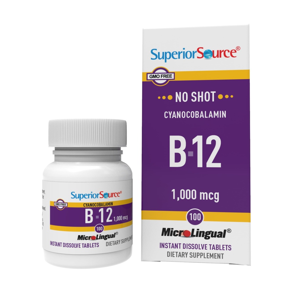 Superior Source No Shot Βιταμίνη B-12 Κυανοκοβαλαμίνη 1000 mcg - Βιταμίνη B-12 για την υποστήριξη της παραγωγής ενέργειας, της υγείας του εγκεφάλου και της συνολικής ευεξίας - Υπογλώσσια δισκία - 100 Διαλυτά δισκία
