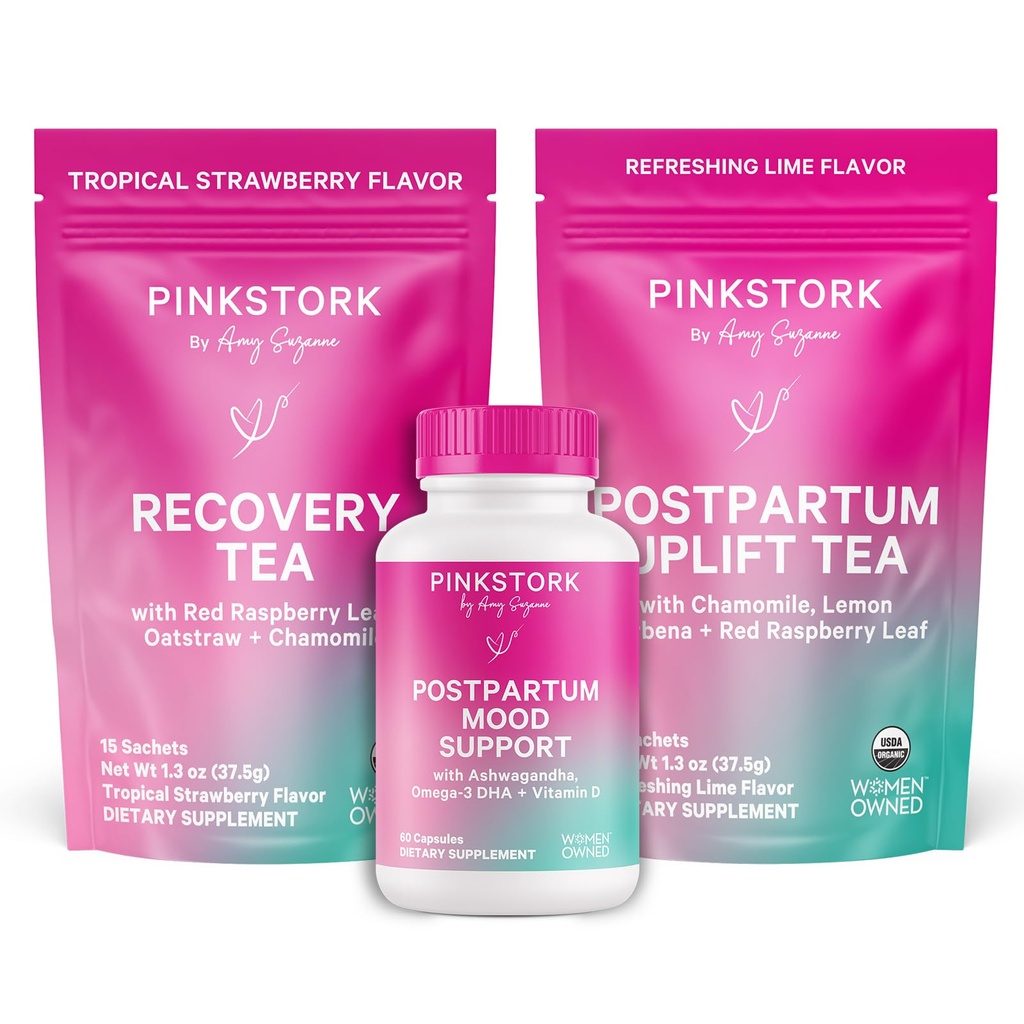 Pink Stork Postpartum Essentials Kit – Ισορροπία ορμονών, ανάκτηση & Mood Υποστήριξη για τις νέες μητέρες – Μεταγεννητικές Βιταμίνες Ashwagandha + Herbal Teas for Strress Relief, Energy, Sleep – Give Set – Vegan, Organic