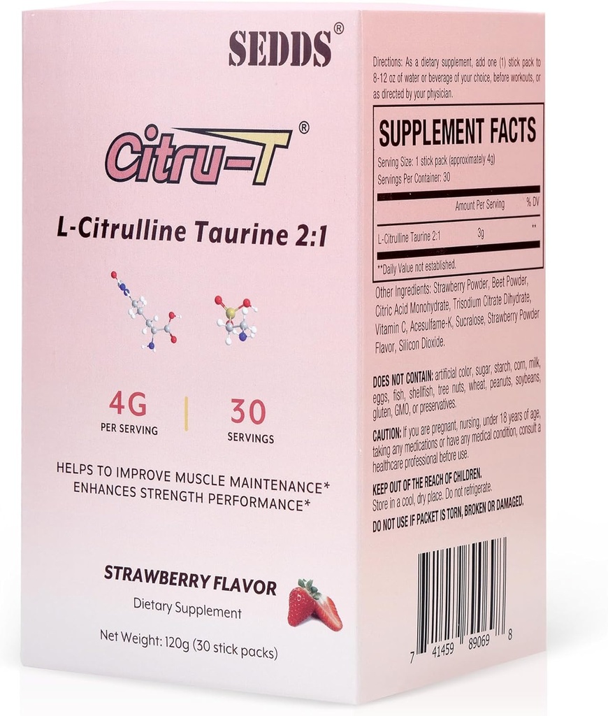 L-Citrulline Ταυρίνη 2:1, Φράουλα-Flavored L Κιτρουλίνη σε σκόνη Συμπληρώματα κιτρουλίνης, Vegan Ταυρίνη σε σκόνη, καφεΐνη χωρίς, Χωρίς γλουτένη, 30 Συσκευασία