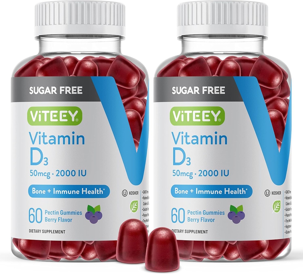 Viteey Vitamin D3 Gummies for Adults & Teens - 2,000 IU, 50mcg - Χωρίς ζάχαρη, οστά, αρθρώσεις και μύες Υγεία, Ανοσοποιητική ενίσχυση - χορτοφαγική, ζελατίνη Δωρεάν, GMO Δωρεάν - Νόστιμο Chewable Berry Γεύση Gummy