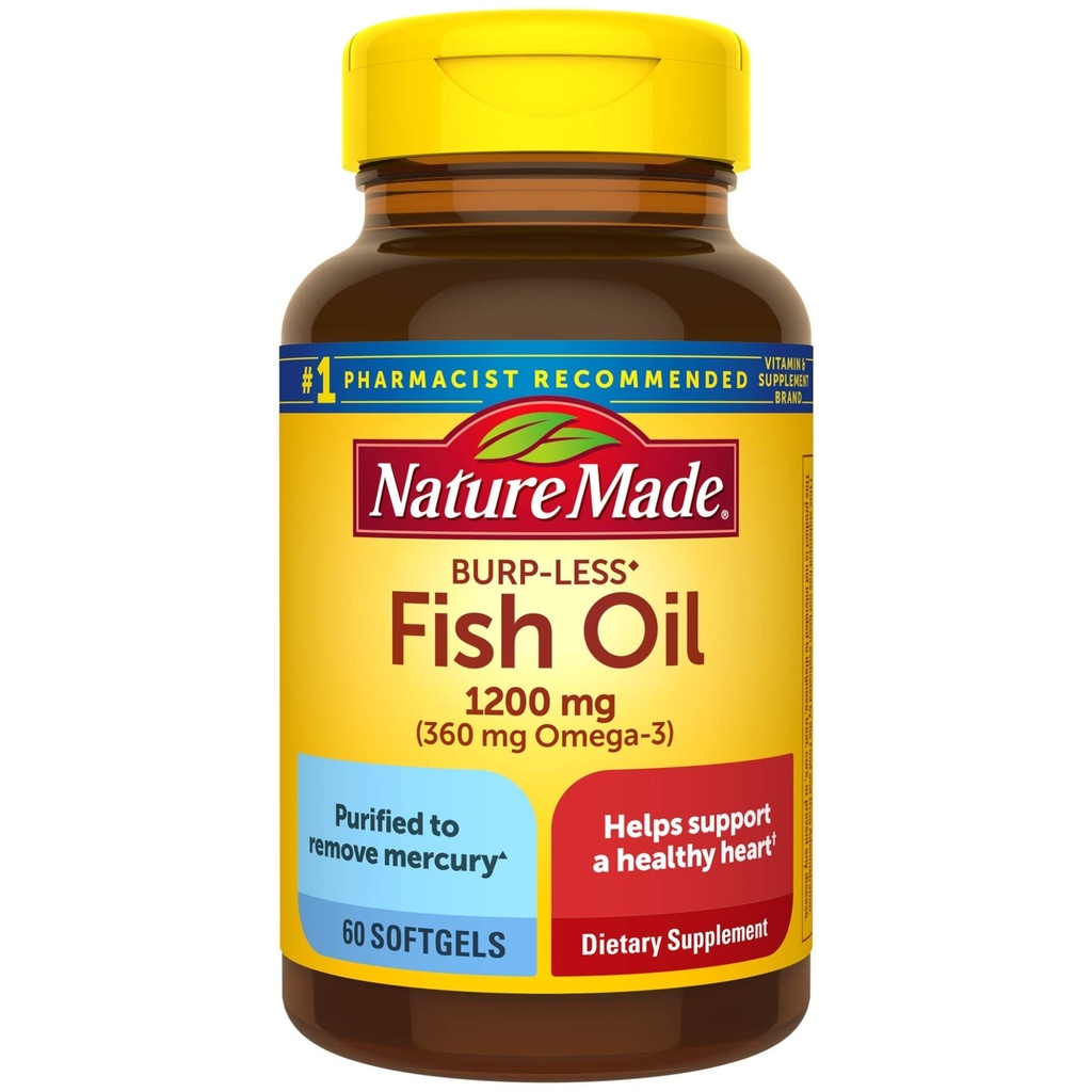 Burp-Less ιχθυέλαιο 1200 mg, 60 Softgels, Fish Oil Omega 3 συμπλήρωμα για την υγεία της καρδιάς