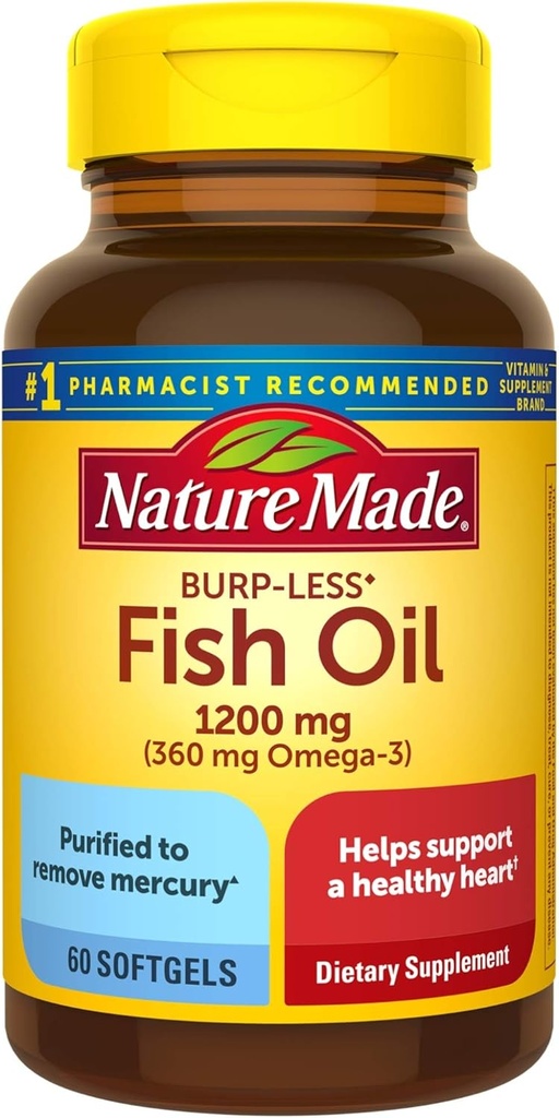Burp-Less ιχθυέλαιο 1200 mg, 60 Softgels, Fish Oil Omega 3 συμπλήρωμα για την υγεία της καρδιάς
