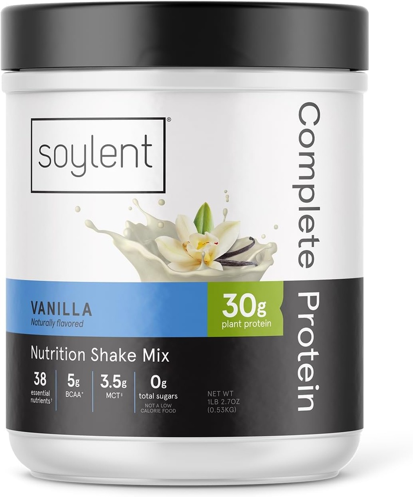 Soylent Complete Protein Powder, Vanilla, 30g Protein Shake for Muscle Growth and Recovery, BCAAs, DHA, MCT, 28 Vitamins & Minerals, Zero Sugar, Gluten Free, Vegan - 1.25lb