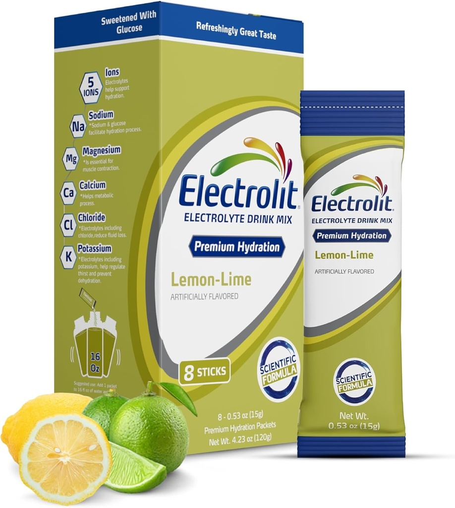 Ηλεκτρολυτές Powder Packets, Lemon Lime 8 Pack, Συσκευασίες Ενυδάτωσης σε σκόνη για Αφυδάτωση & Επανυδάτωση, Post Workout Γεύση Ενυδατικό Μείγμα Ποτού, Γλουτένη Δωρεάν Daily Water Enhancer Sticks