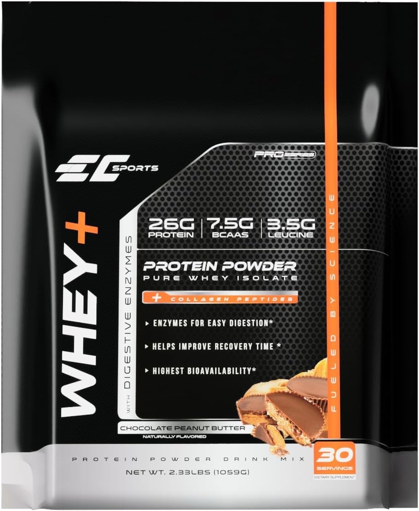 EC Sports Whey+ Protein Powder, Σοκολάτα Φυστικοβούτυρο Mix w/Digestive Enzymes - Isolate Supplement, Collagen Peptides w/Swift Reform - 30 Services