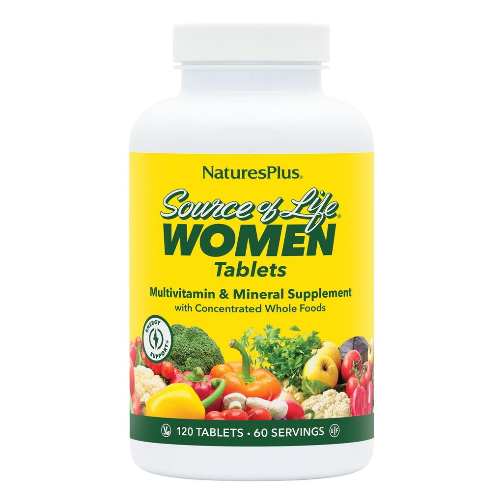 NaturesPlus Source of Life Women Multivitamin - 120 Vegetarian Tablets - Ολόκληρα τρόφιμα, ένζυμα & ορυκτά - Συνολική υγεία, ενέργεια - Χωρίς γλουτένη - 60 εξυπηρετήσεις