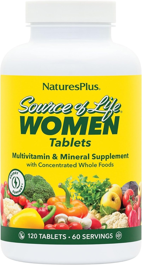 NaturesPlus Source of Life Women Multivitamin - 120 Vegetarian Tablets - Ολόκληρα τρόφιμα, ένζυμα & ορυκτά - Συνολική υγεία, ενέργεια - Χωρίς γλουτένη - 60 εξυπηρετήσεις