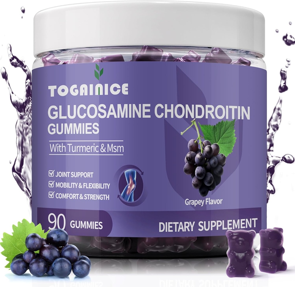 Glucosamine Chondroitin Gummies Sugar Free,Extra Strength 1500mg Γλυκοσαμίνη με MSM & Turmeric,Joint support Gummies Συμπληρώματα για άνδρες και γυναίκες, για κοινή ευελιξία & υγεία των οστών, 90 Count V01