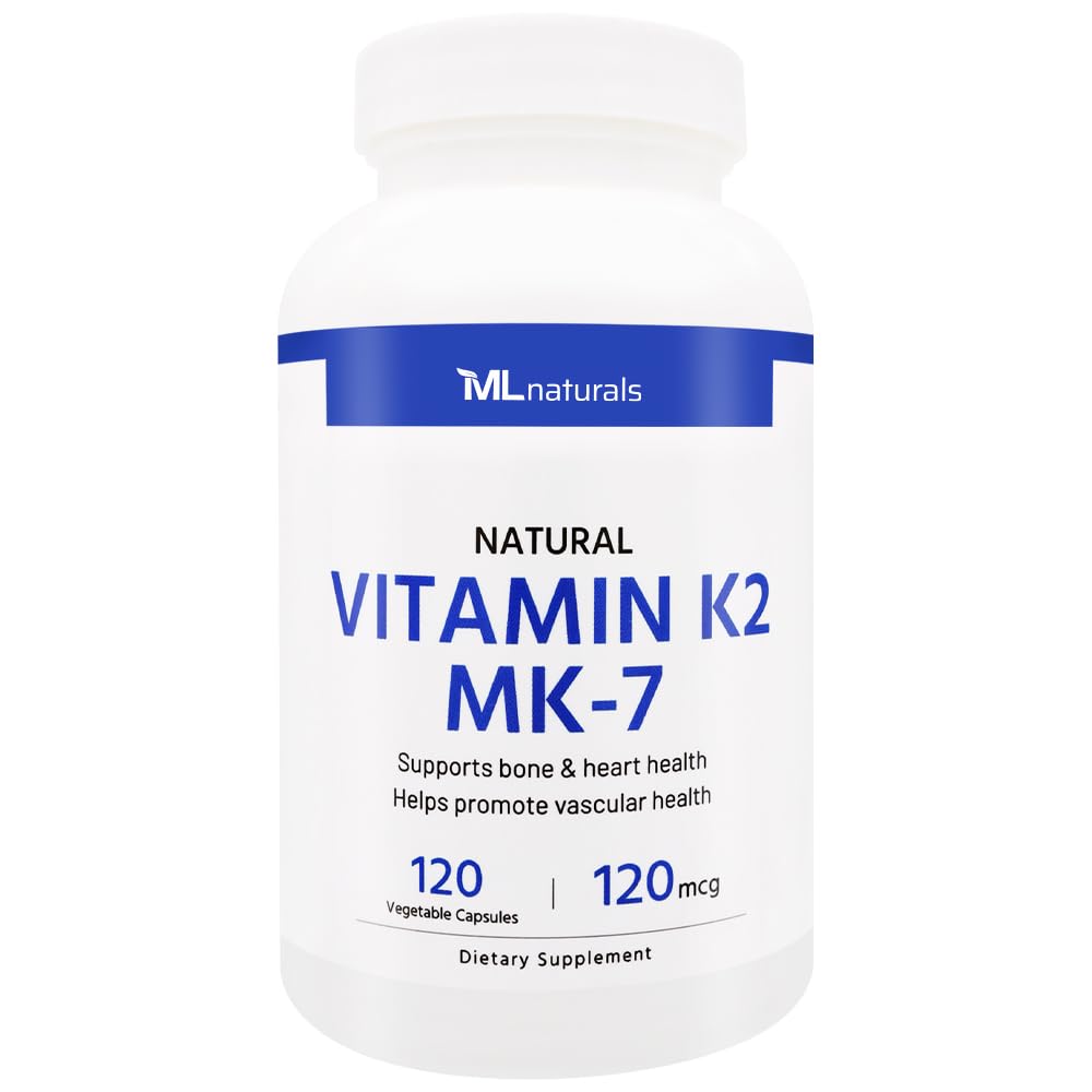 ML Naturals Φυσική βιταμίνη K2 MK-7 120 mcg 120 κάψουλες λαχανικών. Φυσικό MK-7/99% All-Trans MK-7. Υποστηρίζει την υγεία των οστών και της καρδιάς, βοηθά στην προώθηση της αγγειακής υγείας, NSF-Certified & cGMP-Compliant.