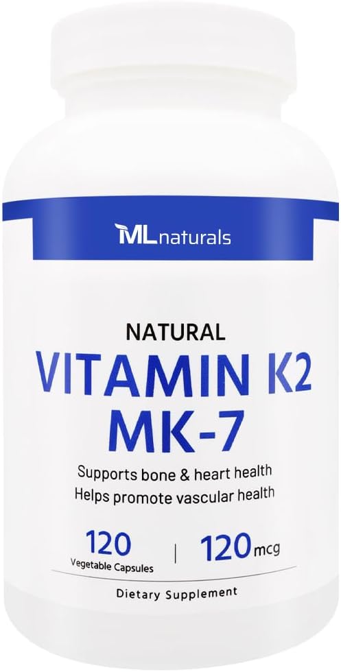 ML Naturals Φυσική βιταμίνη K2 MK-7 120 mcg 120 κάψουλες λαχανικών. Φυσικό MK-7/99% All-Trans MK-7. Υποστηρίζει την υγεία των οστών και της καρδιάς, βοηθά στην προώθηση της αγγειακής υγείας, NSF-Certified & cGMP-Compliant.