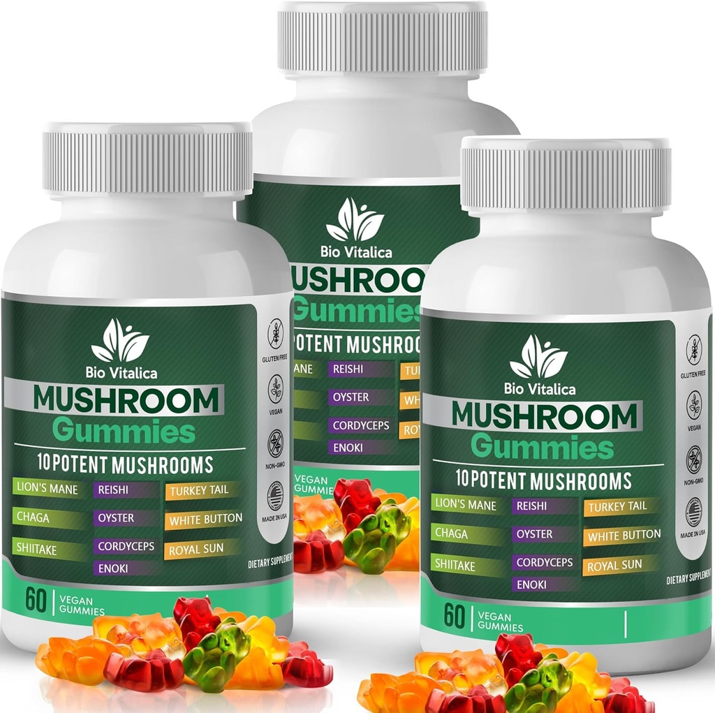 Mushroom Gummies – 10 Mushroom Complex with Lion’s Mane, Reishi, Chaga, Cordyceps & More – Fruity Vegan Gummies – Μη GMO, Χωρίς γλουτένη, με βάση το φυτό – 3 συσκευασίες