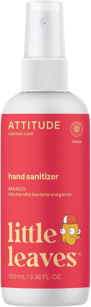 ATTITUDE Hand Sanitizer Spray for Kids & Adults, EWG Verified, Travel Size, Dermatologically Tested, Plant and Mineral Based, Vegan, Mango, 3.5 Fl Oz (Spray Bottle)