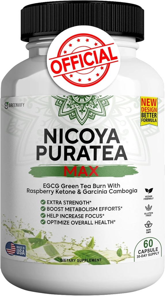 Nicoya PuraTea Max Πράσινο εκχύλισμα τσαγιού & Πράσινο Coffee Bean για την υποστήριξη του μεταβολισμού, φυσική ενίσχυση της ενέργειας, αντιοξειδωτικό συμπλήρωμα-πούρου – 60 κάψουλες
