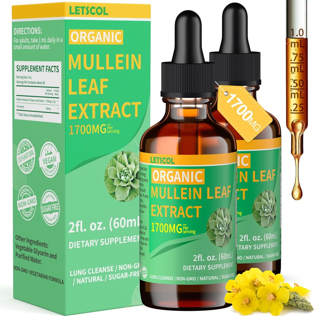 Organic Mullein Drops for Lung Cleanse, Ισχυρό 1700mg Mullein Leaf Extract για Ανοσοποιητική & Αναπνευστική Υποστήριξη, Φυσικό συμπλήρωμα Mullein Βαφής Drops Non-GMO & Vegan, 2 Fl Oz