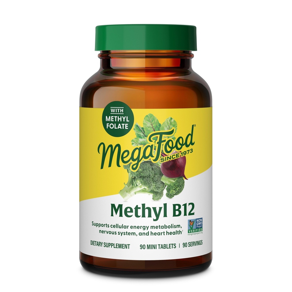 MegaFood Methyl B12 - Vegan - Περιλαμβάνει φολικό μεθύλιο, βιταμίνη B12 & B6 - Υποστηρίζει την παραγωγή κυτταρικής ενέργειας, την υγεία του νευρικού συστήματος και την καρδιαγγειακή λειτουργία - 90 δισκία