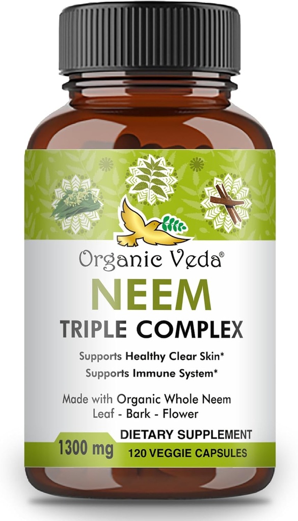 Βιολογικές κάψουλες Veda Neem με Triple Complex Neem Leaf Extract, Bark & Flower - Βότανο συμπλήρωμα ενισχύει την ανοσία, βελτιώνει την πέψη, την υγεία του δέρματος και την υποστήριξη καθαρισμού - 120 κόμης