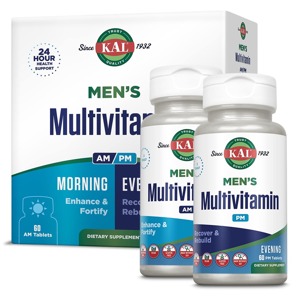KAL Men's Multivitamin AM/PM, Antioxidants Supplement, Muscle, Immune, Electrolyte Balance, Overall Wellness Support, Made Without GMOs and Soy, Vegan, 30 Servings, 120 Tablets
