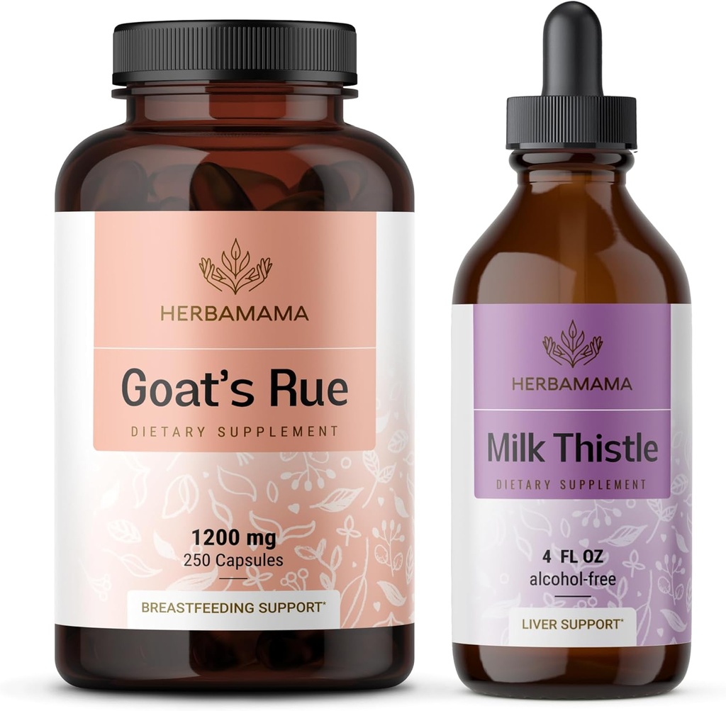 HERBAMAMA Goat's Rue and Milk Thittle Kit - Bundle 1200 mg Goat's Rue Capsles & Milk Thistle Liver Detox Drops 4 fl oz - Vegan, Non-GMO, Sugar & Alcohol-Free - 2 Pack