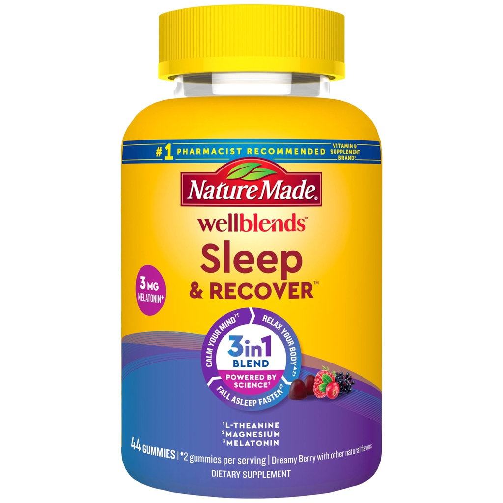 Nature Made Wellbleds Sleep and Recover, Sleep Aid with Melatonin 3mg to Support Restful Sleep, συν L theanine 200mg και Magnesium Citrate, 44 Gummies