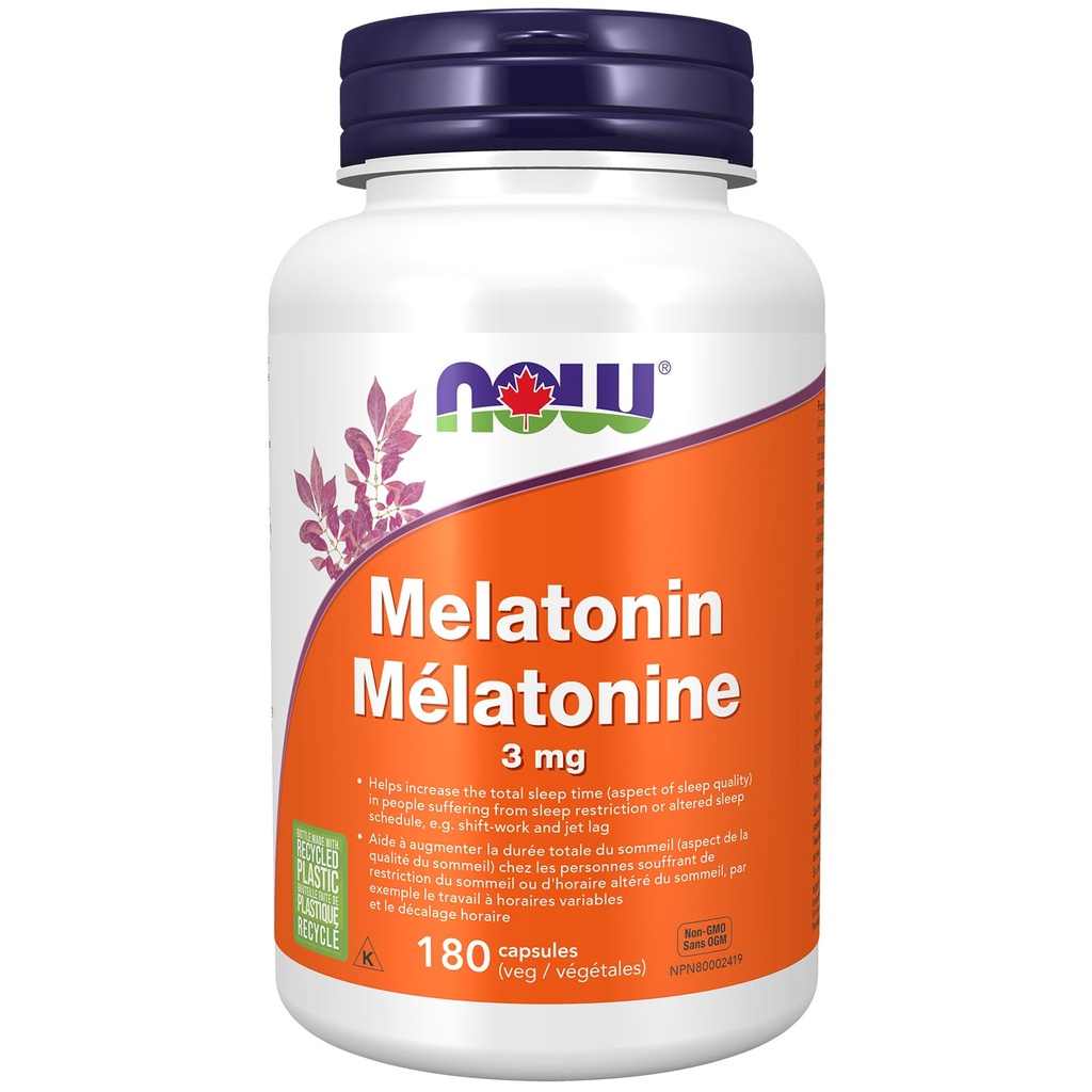 NOW Συμπληρώματα Τροφίμων, Μελατονίνη 3 mg, Free Radical Scavenger*, Healthy Sleep Cycle*, 180 Veg Κάψουλες