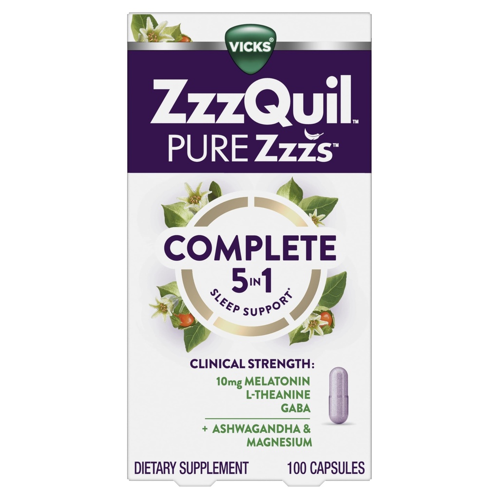 ZzzQuil Pure Zzzs Complete Sleep, Μελατονίνη 10mg, L-Θεανίνη, GABA, με Ashwagandha, και Μαγνήσιο, Μελατονίνη Sleep Aid, 100 Count