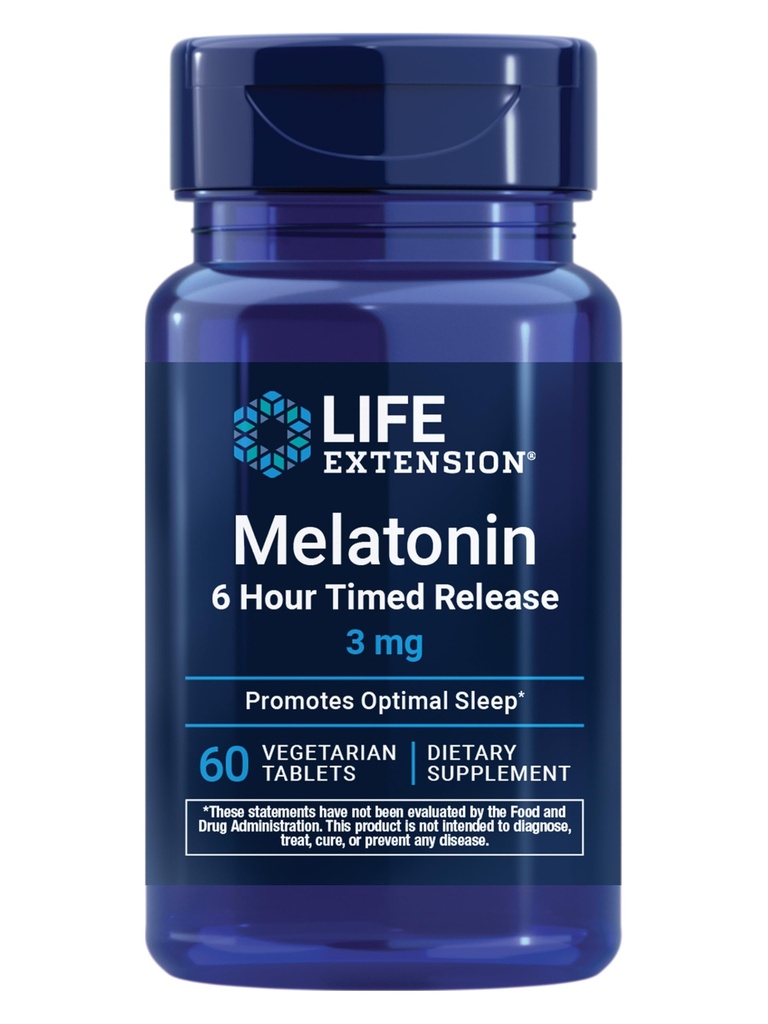 Life Extension Melatonin 6 Hour Timed Release, 3 mg, Extended- Release Formula for Optimal Sleep Support, Healthy circadian Rhythms, Cellular Defense, Gluten- Free, Μη ΓΤΟ, Χορτοφαγικά, 60 δισκία