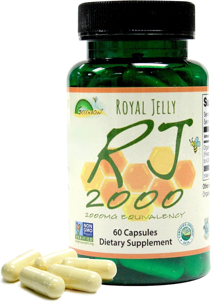 Greenbow Royal Jelly 2000mg Ισοδυναμία – Μη ΓΤΟ Κατασκευασμένο με οργανικό βασιλικό πολτό - Ένα από τα πιο συσκευασμένα διατροφής - (60 κάψουλες Vegan)