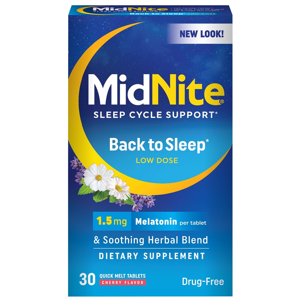 MidNite Επιστροφή στον Ύπνο Χαμηλή Δόση, 1, 5 mg Μελατονίνη Βοήθεια για τον Ύπνο, Μη Σχηματίζοντας Συντήρηση, Φυτικό Συμπλήρωμα Διατροφής για Ενήλικες, Χωρίς Ναρκωτικά, Χωρίς Γλουτένη, Χωρίς Λακτόζη, Χορτοφαγική, Vegan, 30 Γρήγορη Δισκία τήγματος