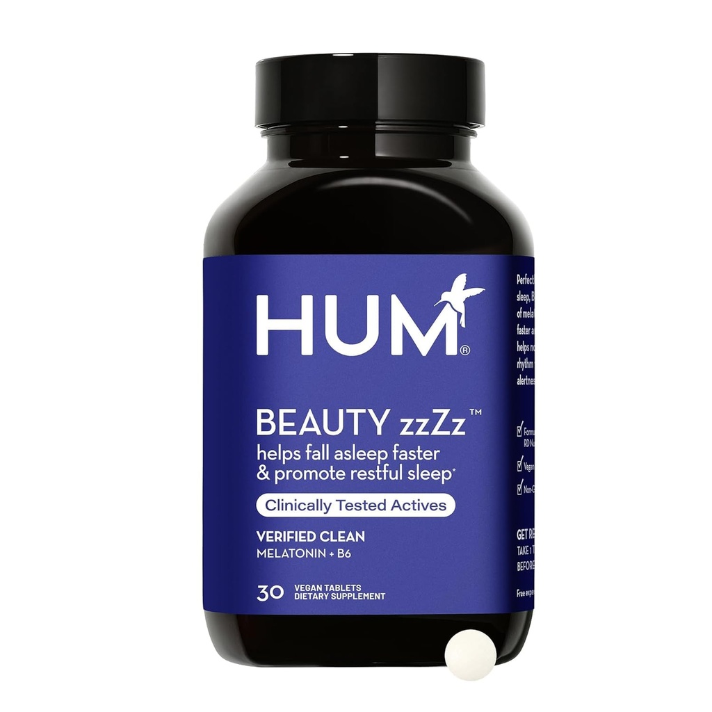 HUM Beauty zzZz Melatonin Sleep Supplement for Adults with Melatonin 3mg, Vitamin B6 and Calcium, Vegan, Gluten Free, Non GMO Sleep Support Tablets for Adults and Beauty Rest, 30 Vegan Tablets