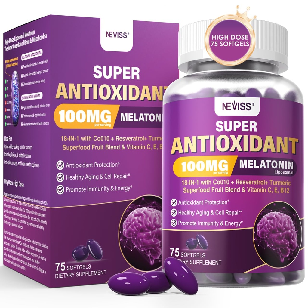 Μελατονίνη 100mg για Αντιοξειδωτική & Γνωστική Υγεία, Εξαιρετικά Υψηλή Δόση Μελατονίνη με CoQ10, Κουρκουμάς, Trans-Reεσβερατρόλη, Βιταμίνη B12 C E για την Αντι-γήρανση του εγκεφάλου, Κυτταρική Επισκευή και Ενέργεια, 75 Softgels