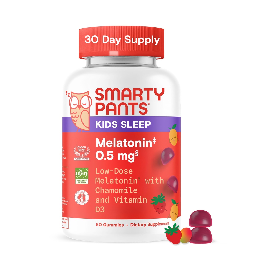 SmartyPants Kids Gummys Sleep Supplement with Melatonin 0.5mg: Χαμομήλι & Βιταμίνη D3, Sleep Aid, Φράουλα Mango Flavor, 60 Count