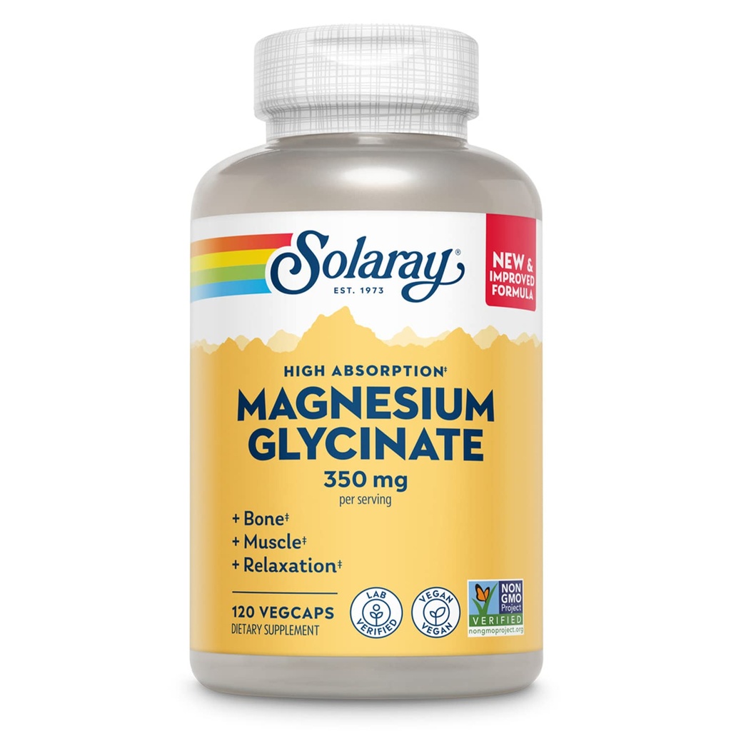 SOLARAY Magnesium Glycinate Capsules, Chelated Magnesium Bisglycinate w/BioPerine, Higher Absorption Magnesium Supplement - Bones, Muscles, Heart Support, Vegan (30 Servings, 120 VegCaps)