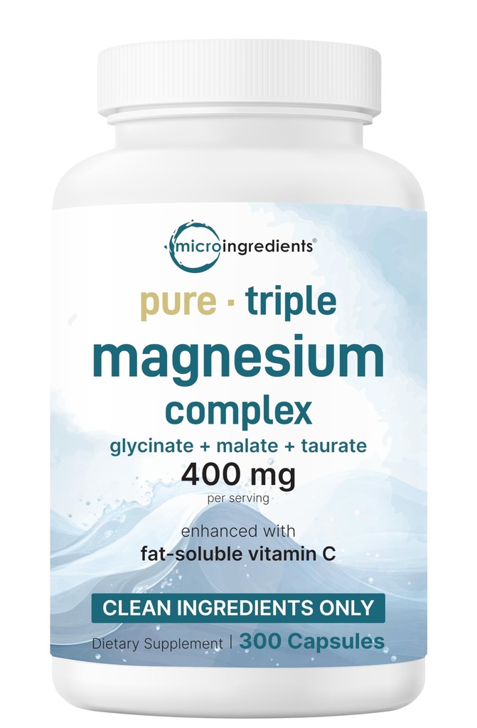 Micro Ingredients Pure Magnesium Complex, 300 Capsules | Triple Magnesium Glycinate, Malate, Taurate with Vitamin C | 100% Chelated | Supports Muscles, Nerves, & Energy | Only Active Ingredients