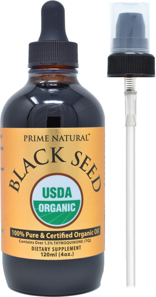 Prime Natural Organic Black Seed Oil 4oz - Κρύο Πατημένο Ακατέργαστο Υψηλή Θυμοκινόνη 1,7% USDA Certified - Turkish Origin Poent Nigella Sativa Liquid - Vegan Omega 3 6 9, Αντιοξειδωτικό