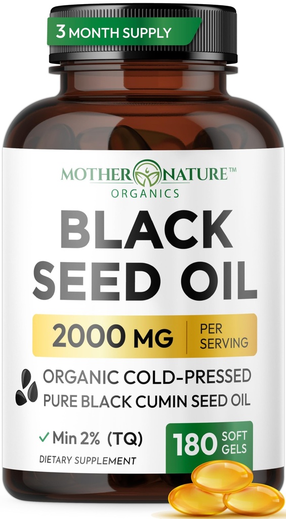 Black Seed Oil Capsules 2000mg Per Serving, Organic Cold Pressed Black Cumin, High TQ, Immune & Joint Support, 180 Count (3 Month Supply)