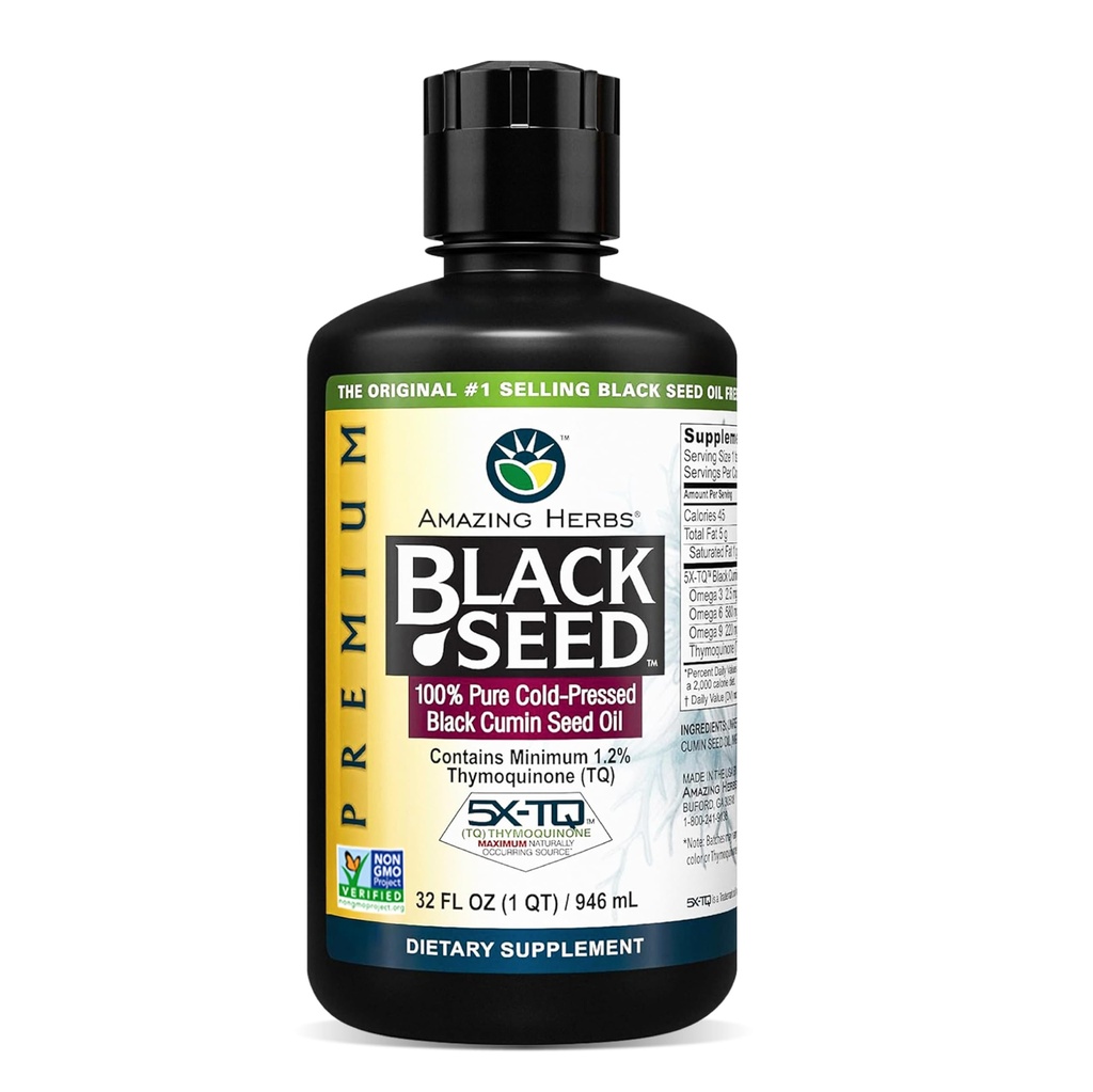 Amazing Herbs Premium Black Seed Oil - Ψυχρό Πιέζεται Nigella Sativa Aids σε Digestive Υγεία, Ανοσολογική Υποστήριξη, Λειτουργία του εγκεφάλου, Κοινή Κινητικότητα, Χωρίς Γλουτένη, Μη ΓΤΟ - 32 FL Oz