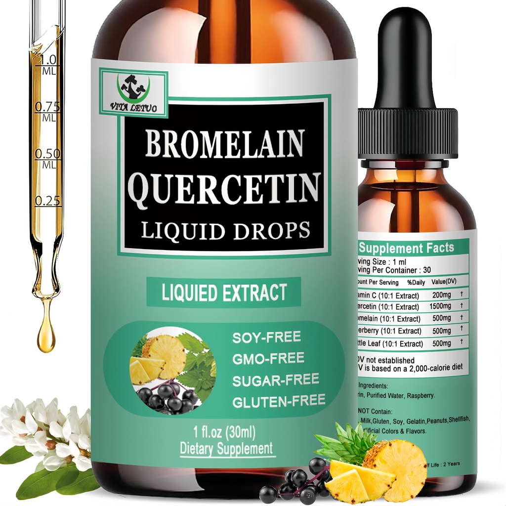 Quercetin Υγρές σταγόνες, Quercetin με Bromelain Elderberry Nettle Leaf Vitamin C Υγρά συμπληρώματα, Υψηλή απορρόφηση Quercetin Υγρές σταγόνες για γυναίκες άνδρες, Υγιής Ανοσοποιητική Αντιοξειδωτική υποστήριξη, Μη ΓΤΟ