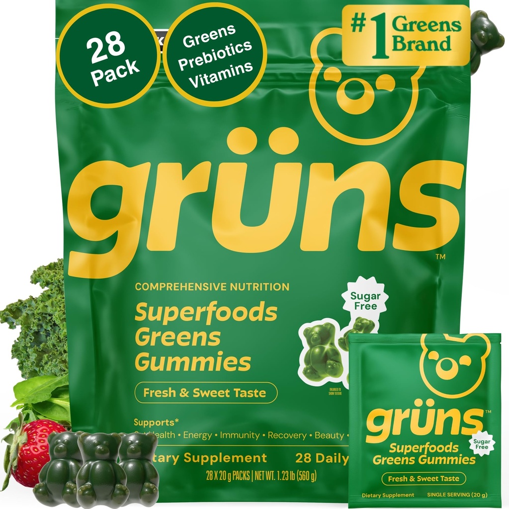 Gruns Adult Sugar-Free Super Greens Multivitamin Gummies, Superfood Gummy Vitamins for Women and Men with Spirulina, Chlorella, Adaptogens & Prebiotic Fiber for Digestive Health (28 Count)