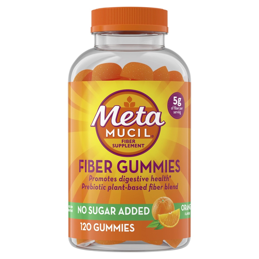 Metamucil Fiber Gummies για ενήλικες, χωρίς ζάχαρη Προστέθηκε Πορτοκαλί Γεύση, 5g Prebiotic Plant Based Fiber Supplement Blend, 120 Count