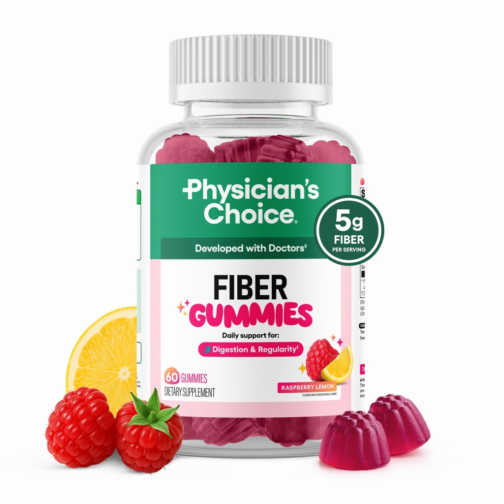 Physician’s Choice Fiber Gummies for Digestive Health & Regularity - Βατόμουρο Λεμονάδα Γεύση - Δεν Προστέθηκε Ζάχαρη & Vegan - Φυσικό Chicory Root Prebiotic Fiber - Καθημερινή Gummy για Ενήλικες, Γυναίκες & Άνδρες - 60CT