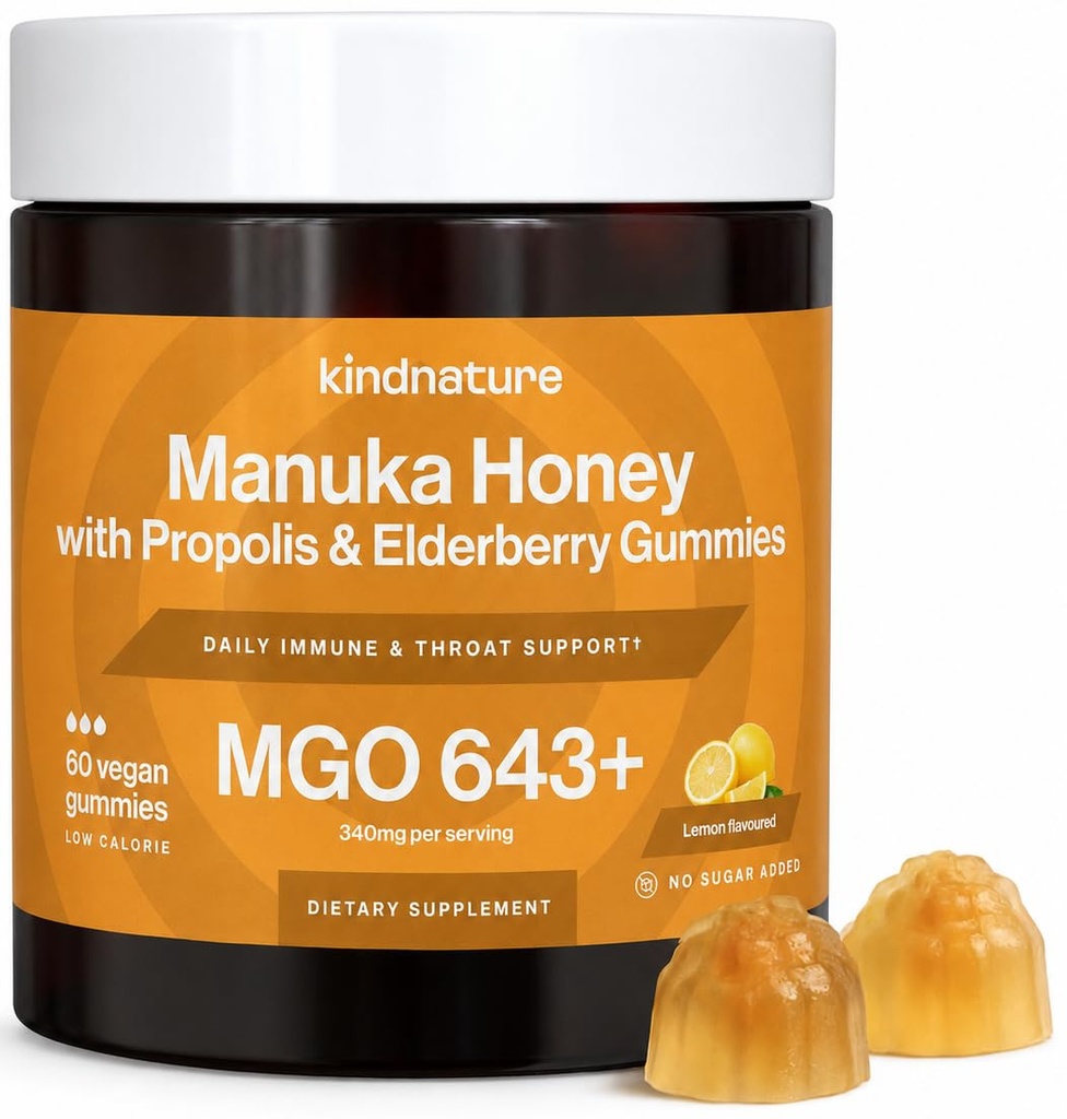 Kindnature Manuka Honey Medical Grade Gummies MGO 643+ - Νέα Ζηλανδία Manuka Honey with Zinc, Vitamin C, Elderberry - Λαρύγγι Comfort & Immune Support - Παιδιά & Ενήλικες