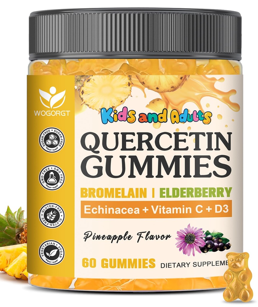 Quercetin με Bromelain Gummies για παιδιά & ενήλικες - Ανοσοποιητική & Εποχική υποστήριξη ευεξίας, 800mg Quercetin Gummies με Bromelain, ψευδάργυρο, Elderberry, Βιταμίνη C & D3 - Χωρίς ζάχαρη, Ανανάς Γεύση, 60 Ct