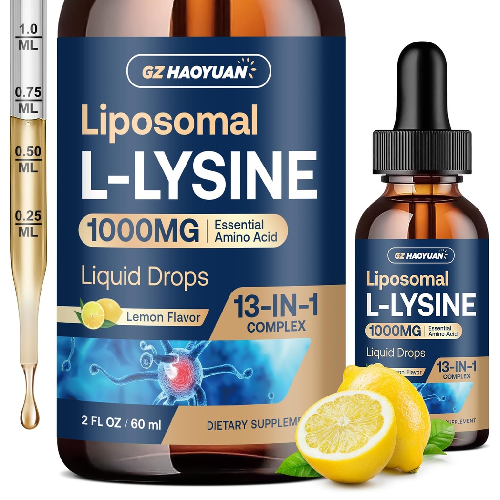 Λιποσωμική L-λυσίνη 1000MG Υγρές σταγόνες, 13-σε-1 Συμπληρώματα Λυσίνης – Μονολαουρίνη, εκχύλισμα φύλλων ελιάς με βιταμίνη C, B6, D3, B12 & Ψευδάργυρο για Κολλαγόνο, Λιπ, δέρμα & Ανοσοποιητική Υποστήριξη για Παιδιά & Ενήλικες, 2oz